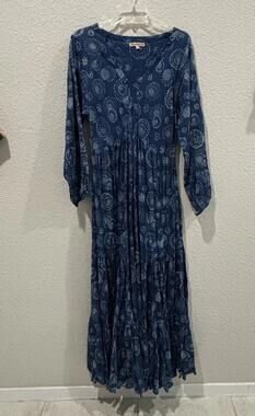Trade Cloth XL Blue 100% Cotton Boho Maxi Dress Tiered Long Sleeve Cottagecore